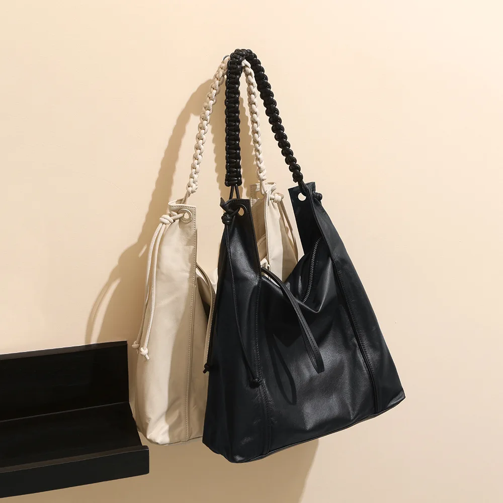 

Top Layer Cowhide Tote Fried Douh Twists Braid Underarm Fashionable Versatile Shoulder Top-handle Bags Leather Suede Bag Female