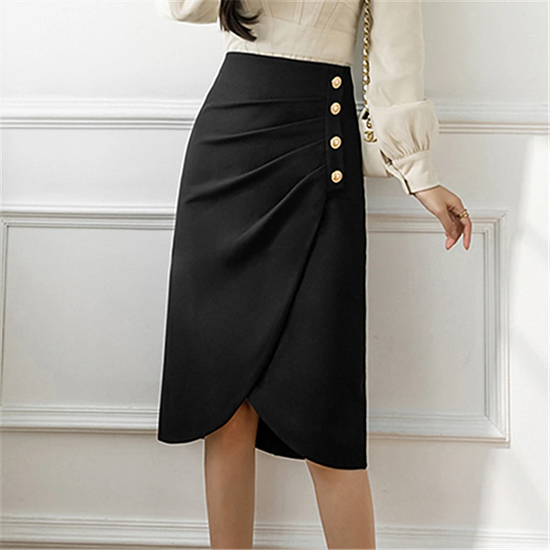 Seoulish-Saias femininas de botões vintage, elegante cintura alta, monocromática, senhoras do escritório, reto, verão, feminino, novo, 2022