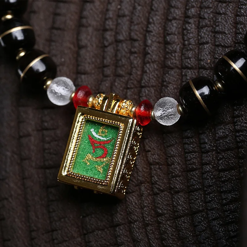 Natural Black Gold Coconut Tee Copper Inlay Bucket Beads Single Ring Hand-painted Thangka Pendant Literary Buddha Bead Strings