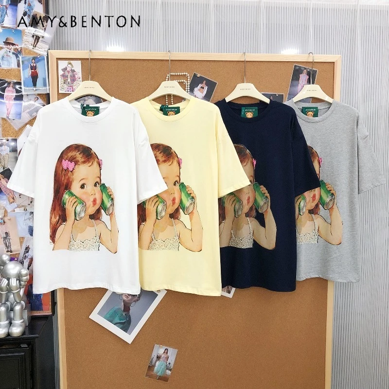 

Age Reducing Cute Girl Figure Beaded Print Loose Mid Length Shoulder Pad T-shirts Fashion Casual Versatile Daily Top Tees Ladies