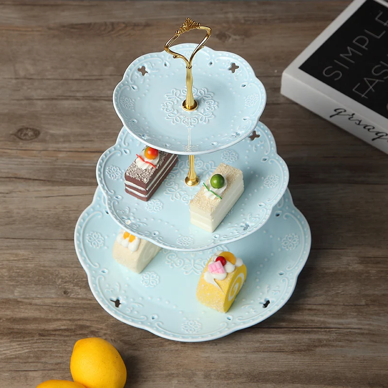 3pcs Set, Embossed Porcelain Red Green Blue, 3 Tier Fruit Stand, Ceramic Plate for Wedding Party, Cake Stand Vintage