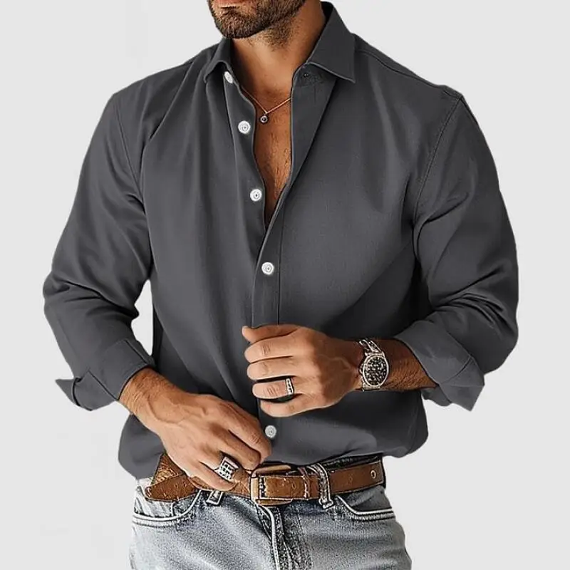

2025 Classic Style Men Shirts Solid Long Sleeve Turn Down Collar Business Casual Shirt Man Loose Fashion Male Blouse