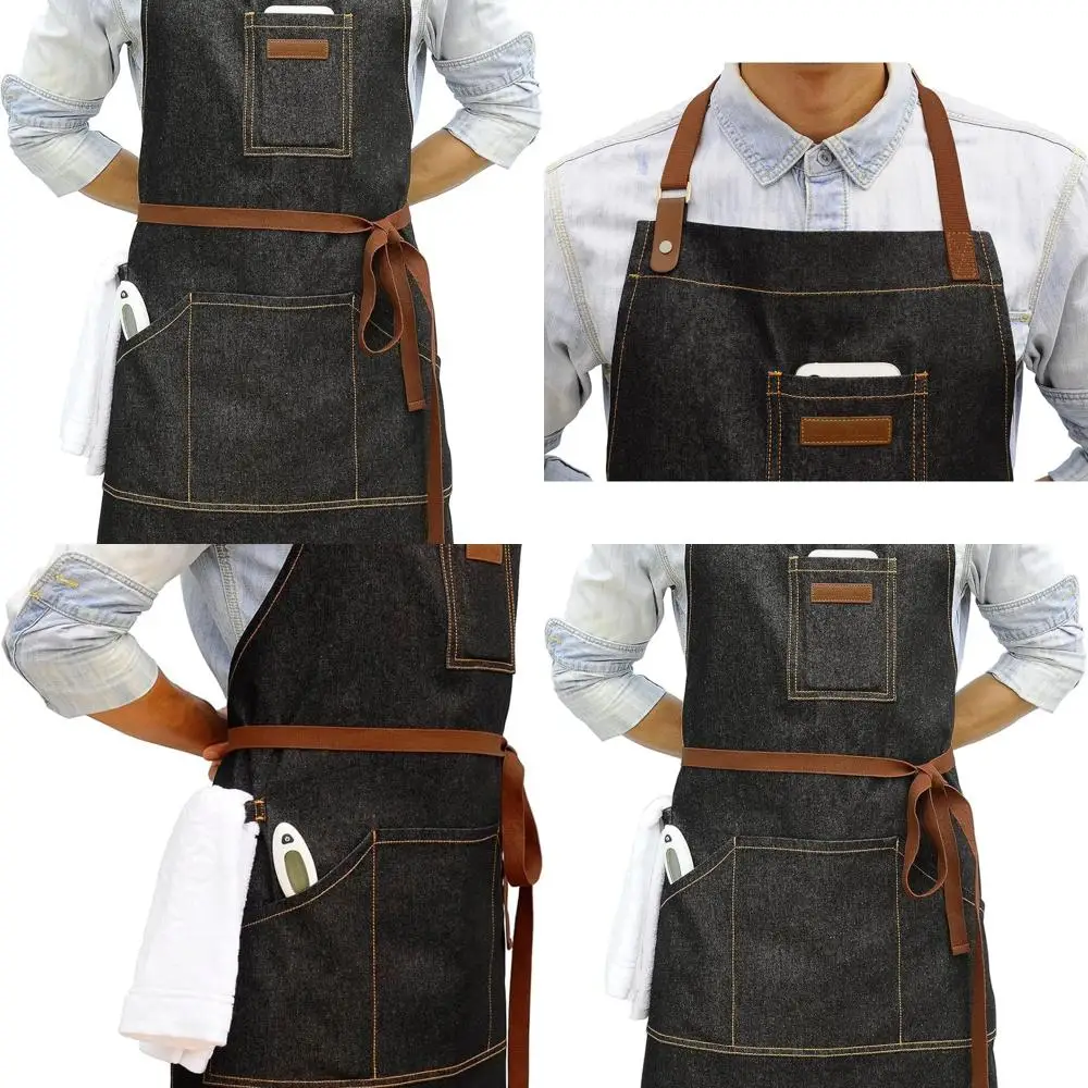

Kitchen Apron with Pockets, Unisex Chef Bib for Cooking, Grilling, Baking, and Serving with Towel Loop