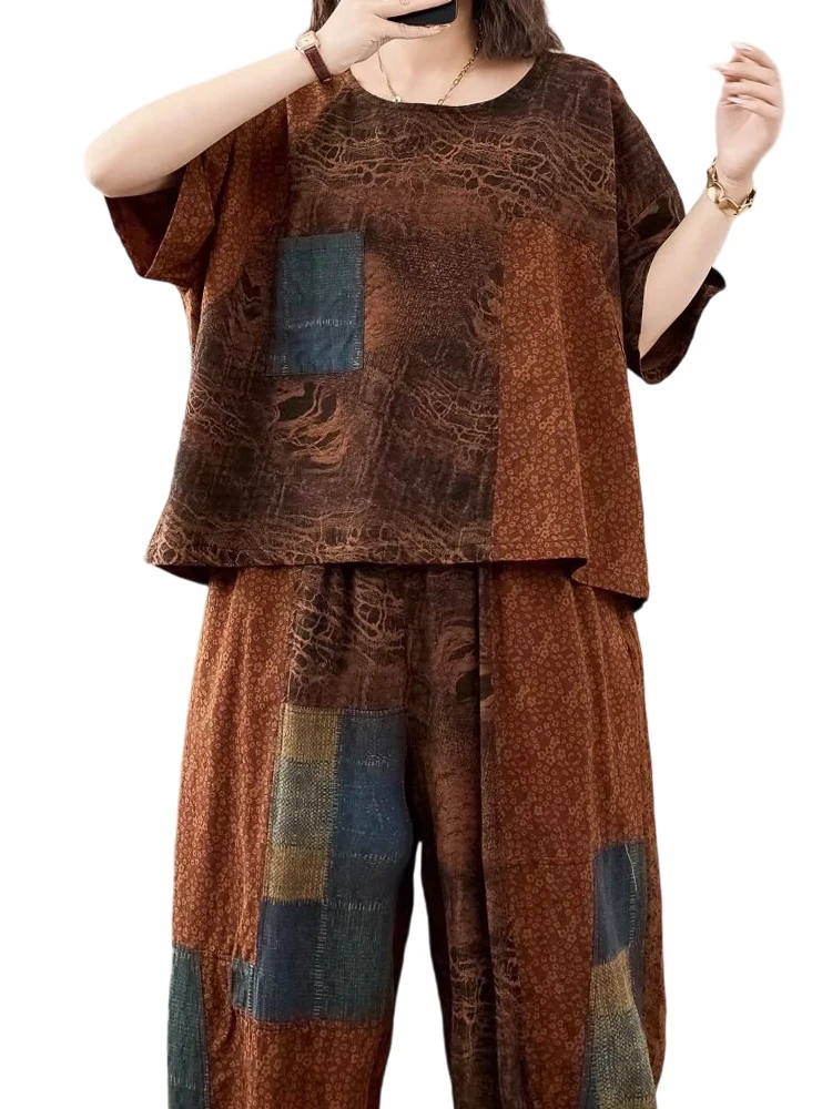 

Amax luluE 2025 Summer Printed Suits Womens Fashion Vintage Two Pieces Sets Loose Tees O Neck Tops Casual Pants Luxury Outfits