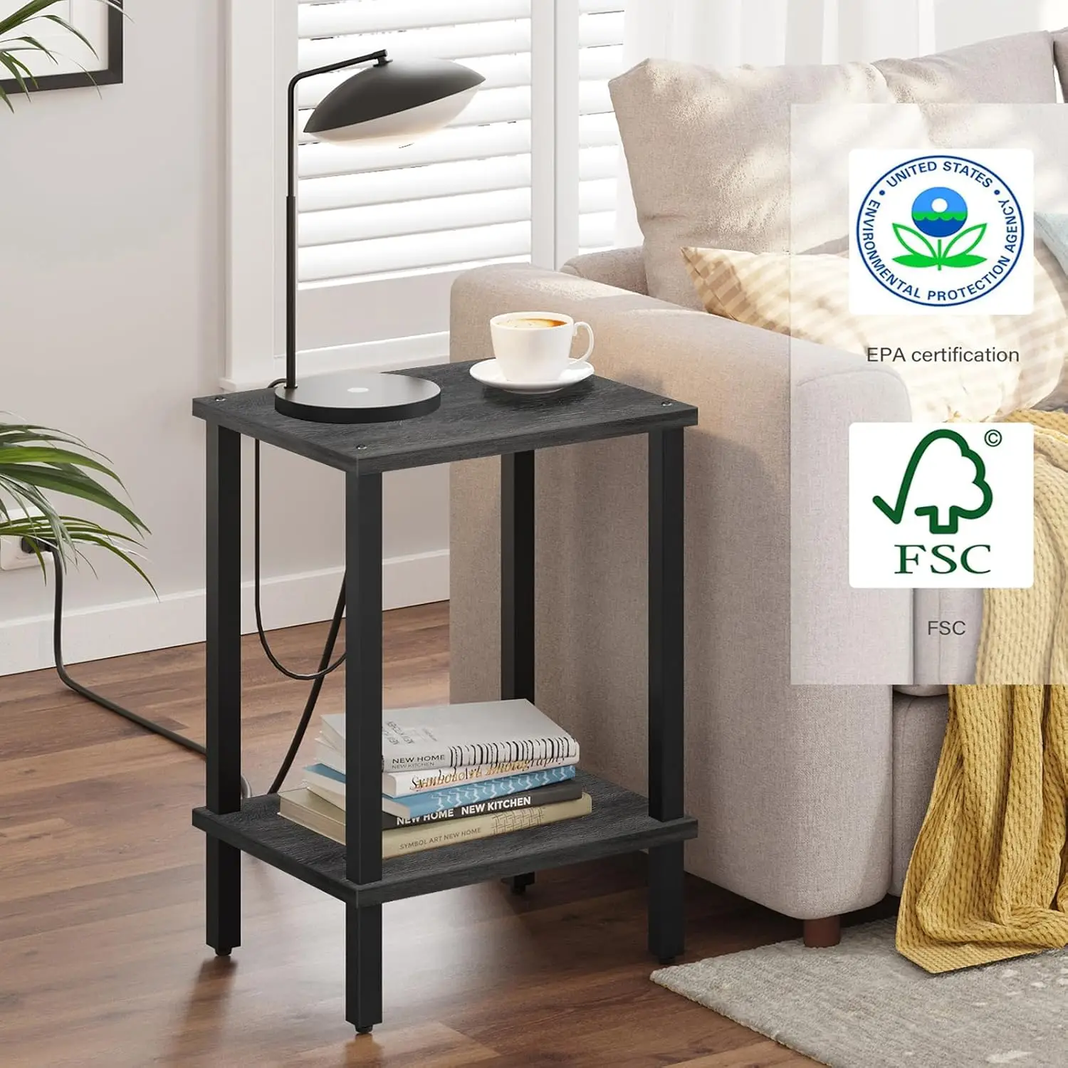 End Table, Side Table, Nightstand, 2-Tier Storage Shelf, Sofa Table for Small Space, Living Room, Bed Room, Charcoal Grey TB0