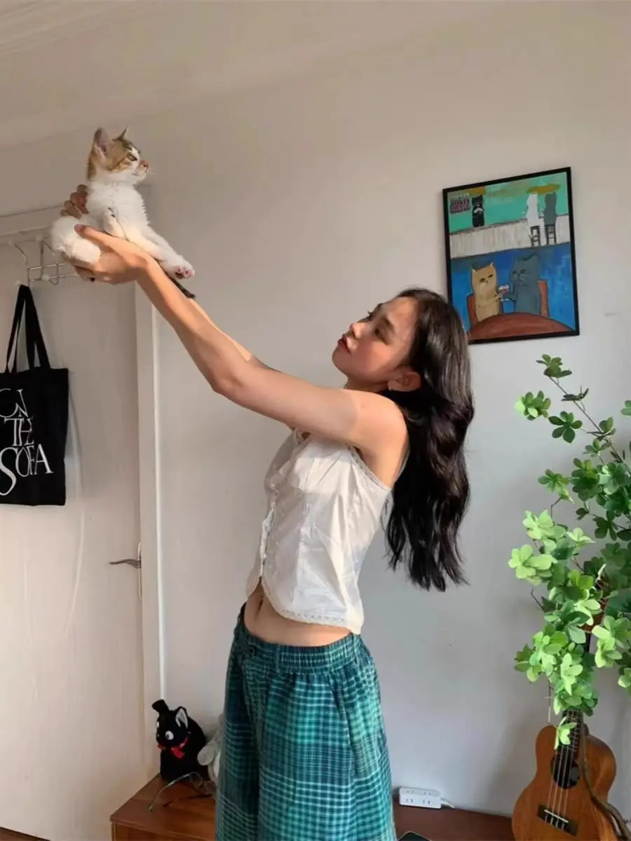 Celana Pendek Wanita Vintage Motif Kotak-kotak Hijau 2025 - Celana 7/8 Longgar Berpinggang Tinggi, Streetwear Kasual Lucu untuk Musim Semi Musim Panas Y2K emo