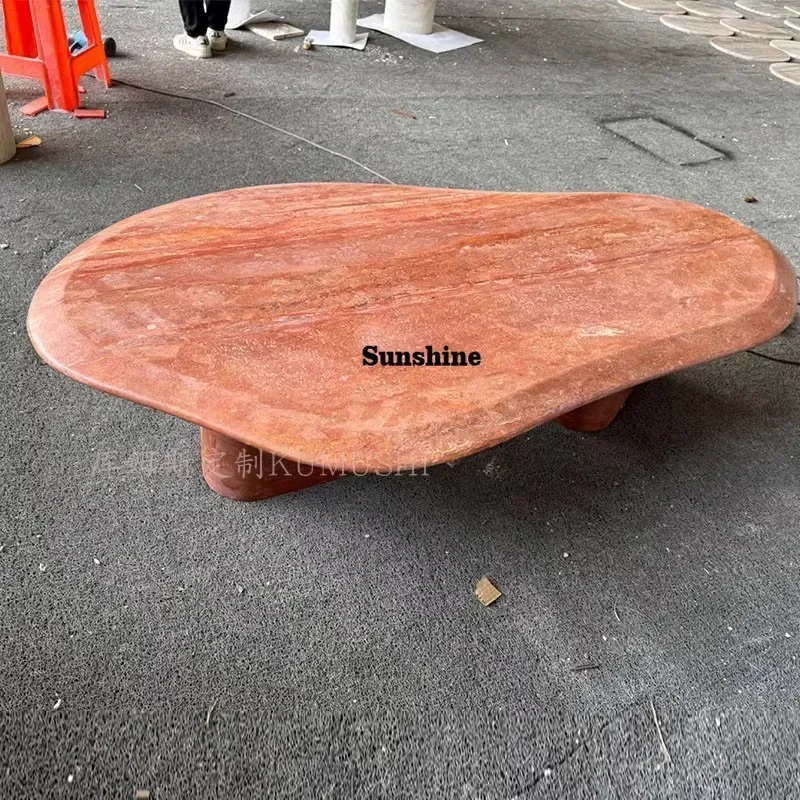 

Natural red travertine coffee table is surprised by the quiet wind retro medieval tea table special-shaped coffee table FT