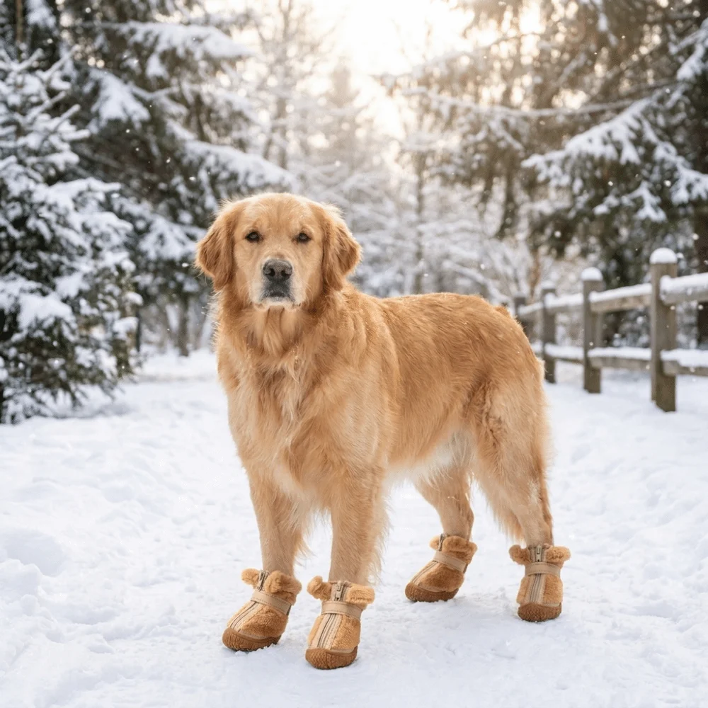 4 PCS/SET Plush Lined Winter Dog Snow Boots Thickened Warm Dog Cotton Shoes Soft Bottom Anti-Freezing Anti-Slip Dog Shoes Hiking
