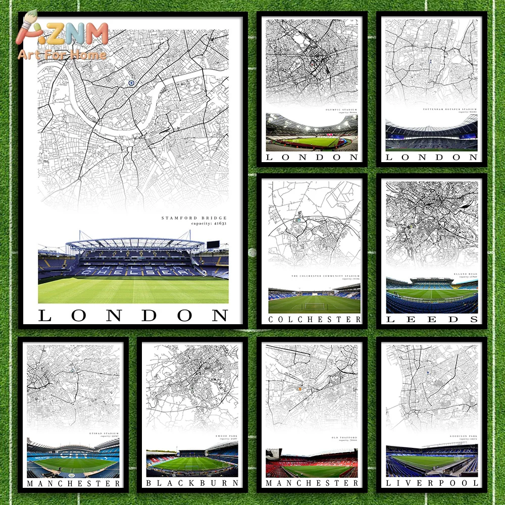 AZNM AZNM UK Football Stadium City Map Canvas Wall Art Black White London Manchester Liverpool Soccer Fan Home Decor Unframed Canvas - Aliexpress Deal