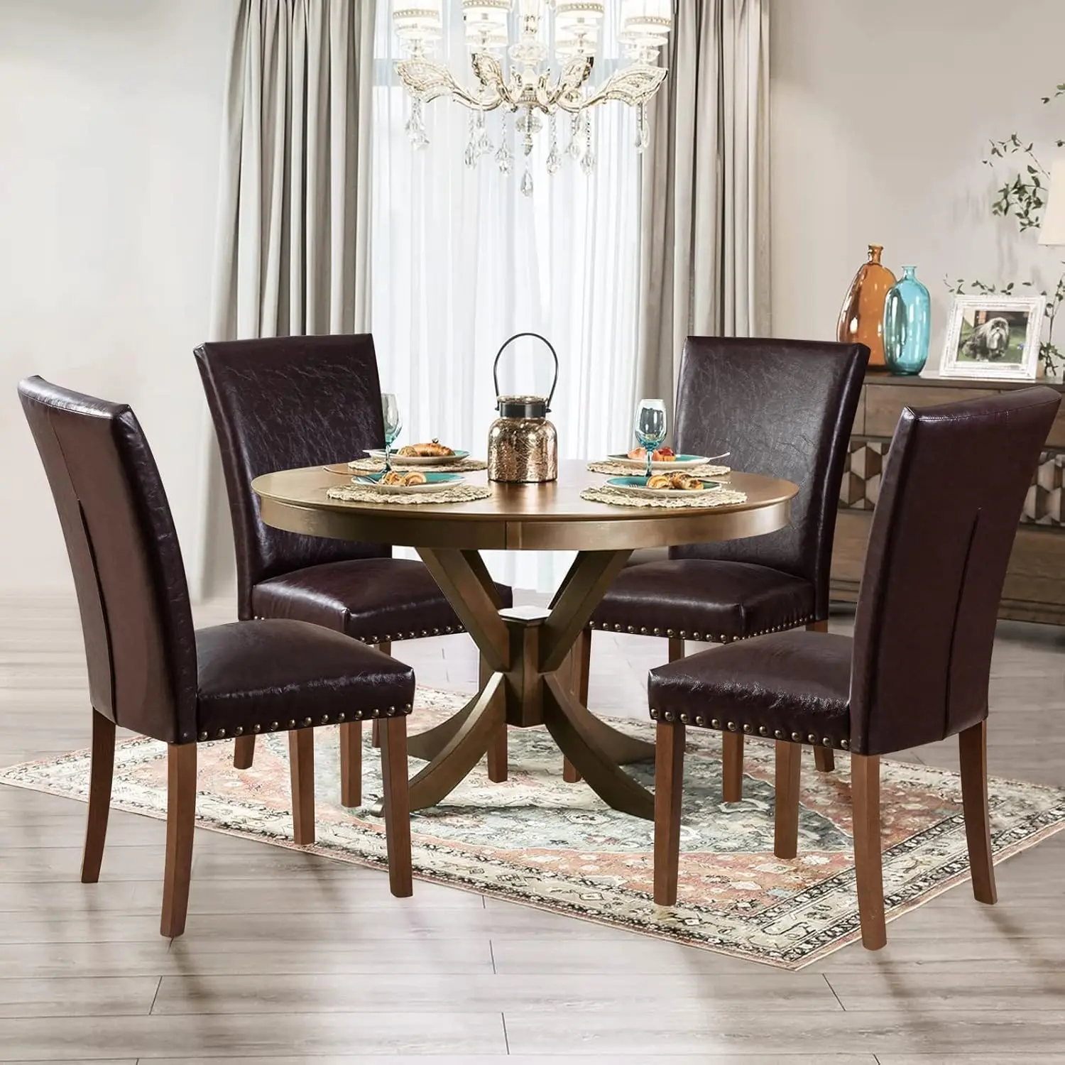 

Parsons Dining Chairs Set of 4 Upholstered Nailhead PU Leather Dining Room Kitchen Side Chair with Thick Cushions and Wood Legs