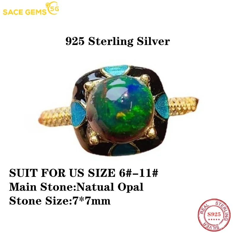 SACE GEMS Fashion 925 Sterling Silver 7*7mm Natual Opal Luxury Rings for Women Created Wedding Engagement Party Fine Jewelry