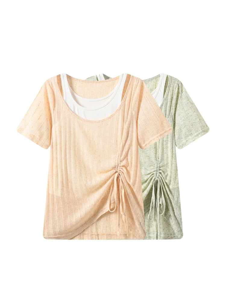 

plus Size Women's Short Sleeve T-Shirt Summer New Style Lazy Meat Conceal Slimming Fake Two-Piece Top Trendy Commute Style