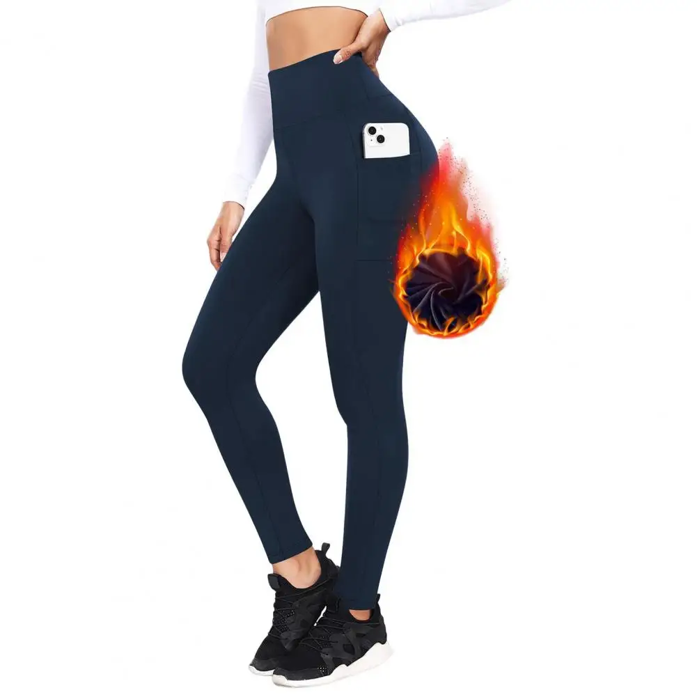 Leggings de mujer acogedores de terciopelo de cintura alta Leggings de mujer con bolsillos para Otoño Invierno cálidos pantalones de Yoga ajustados para clima frío