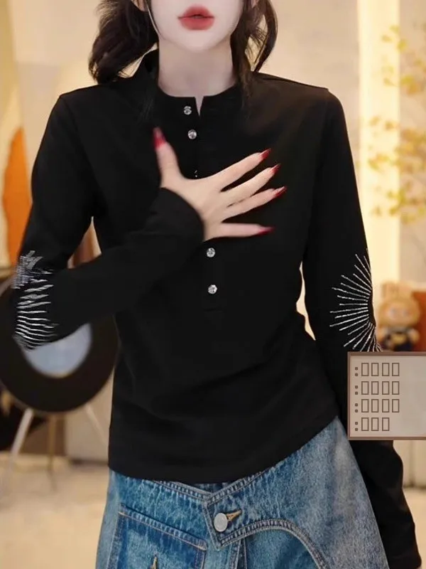 Ele plus size dames lange mouw T-shirt modieus open kraag basic shirt slip top voor het herfstseizoen