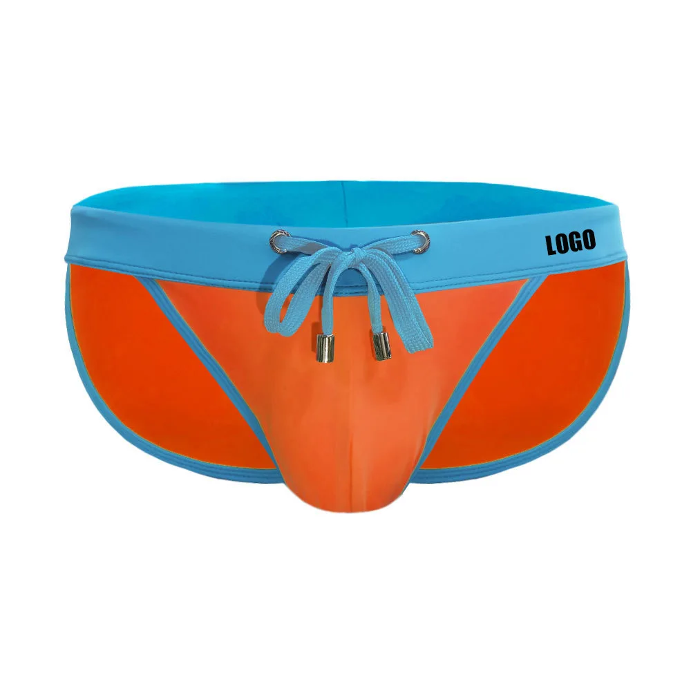 Custom LOGO men's sexy high-fork triangle swimming trunks fashion color-blocking simple beach low-waisted triangle bikini