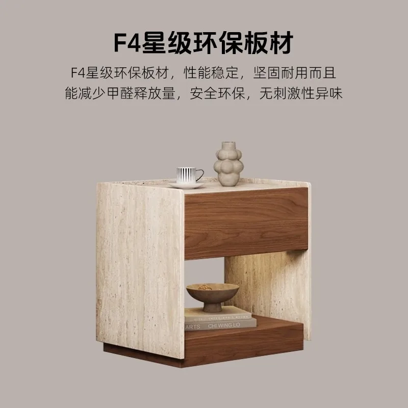 Italian travertine walnut pattern bedside table is surprising, retro style, Italian light luxury smart light light new solid woo