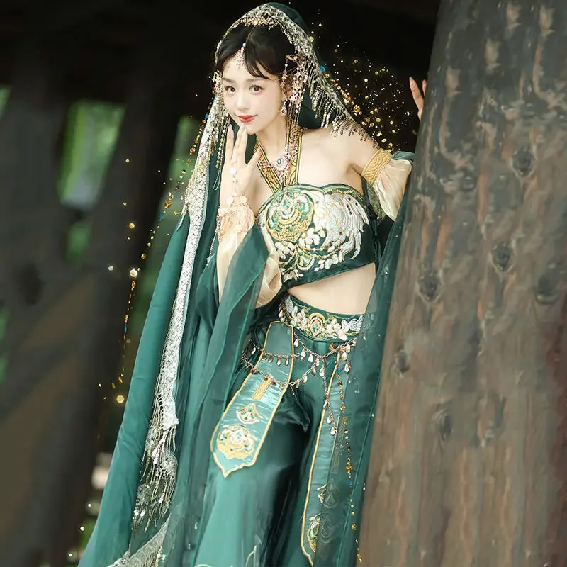 Vêtements traditionnels de princesse de jeune fille Dunhuang, robe trempée, ensemble Hanfu vert pour filles volantes, costume Han 152, régions occidentales