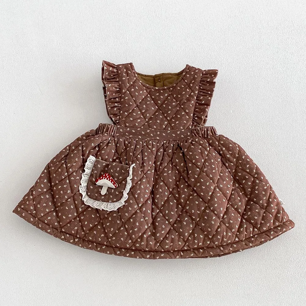 Christmas Dresses For Girls Winter Quilted Thicken Warm Floral Embrodiery Princess Kids Boutique Clothing Toddler Birthday Dress