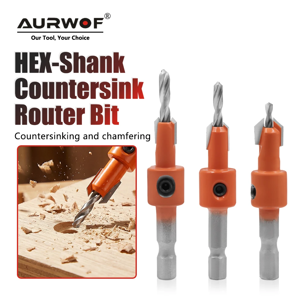 

AURWOF 1pc 8mm & 10mm Hex Shank Countersink Drill Bit,Woodworking Chamfer Tool 1/4" Hex Drive For Wood MDF Softwood CH339D