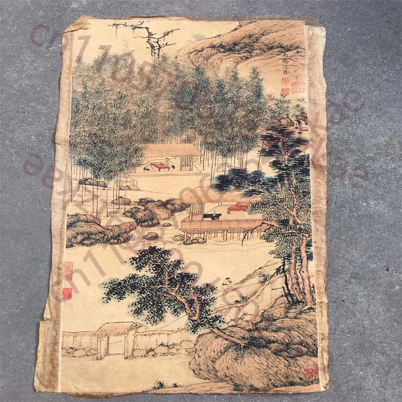 

Китайская старинная роспись на рисовой бумаге: Картина Шэнь Шэнь Чжэня «Горный дом у бамбуковой печи» – Традиционное азиатское искусство