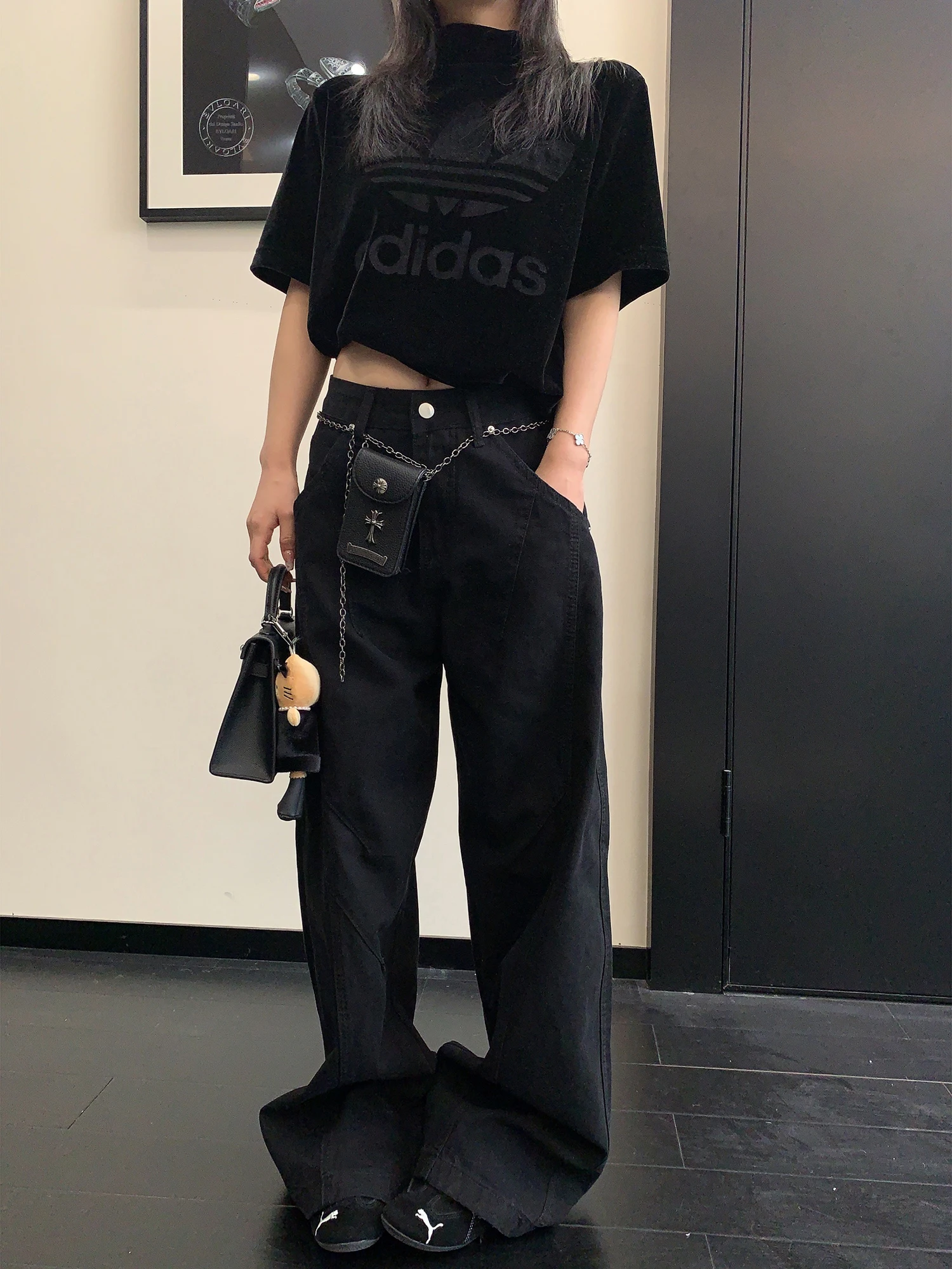 

Vintage Relaxed Fit Straight Leg Pants Women's Loose Casual Black Long Trousers Spring Fashion Good Type Worn Look Wide Leg