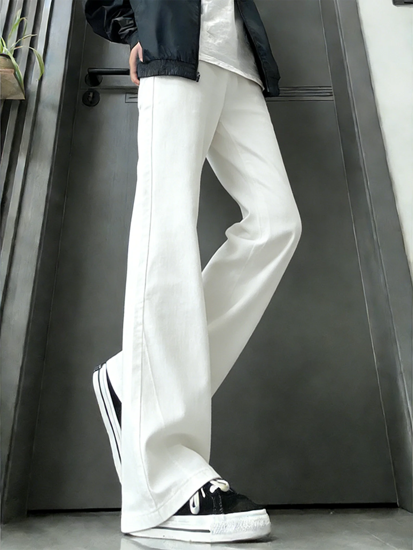 

Slim Fit Straight Leg Men's Jeans White Oblique Cut Knife American High Street Vibe Elastic Micro Flare Cotton Polyester Blend