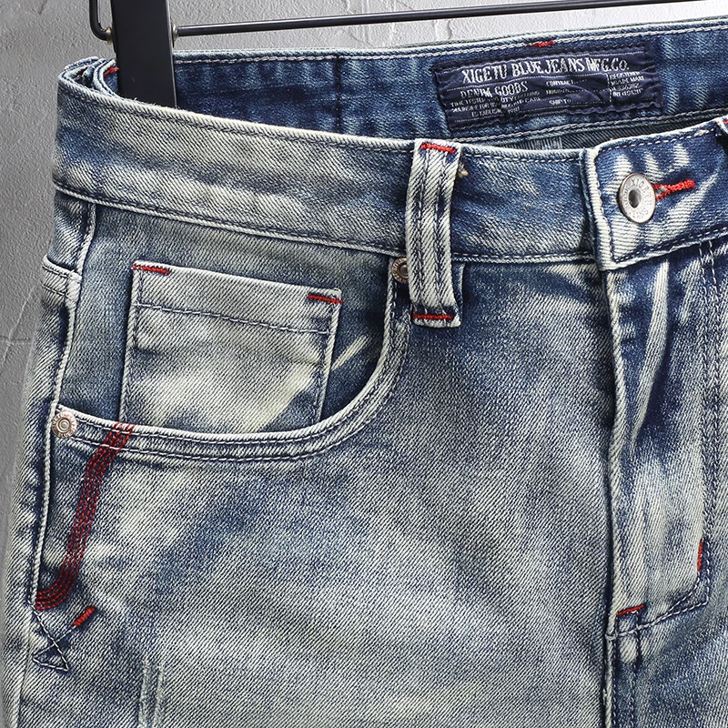 Street Fashion Men Jeans Retro Light Blue Stretch Slim Fit Hole Patched Ripped Jeans Men Embroidery Designer Vintage Denim Pants