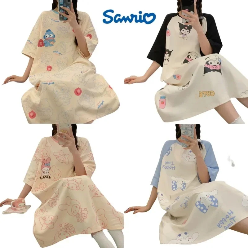 Sanrio Cinnamoroll Short-sleeved Long Nightdress Cute Cartoon Anime Kuromi Comfortable Home Clothes Bedroom Holiday Gifts Girls