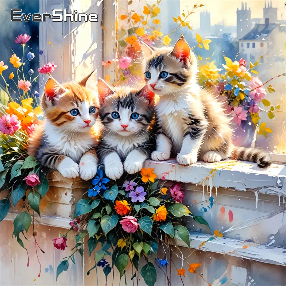 EverShine Diamant-Mosaik-Katzenbild mit vollständiger Strass-Stickerei, Tiermotiv mit Gänseblümchenmuster für Erwachsene und Anfänger