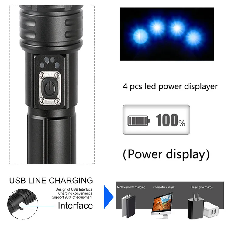 Super bright flashlight, LED aluminum alloy material, long-range waterproof, 5V, USB charging outdoor P-70 flashlight