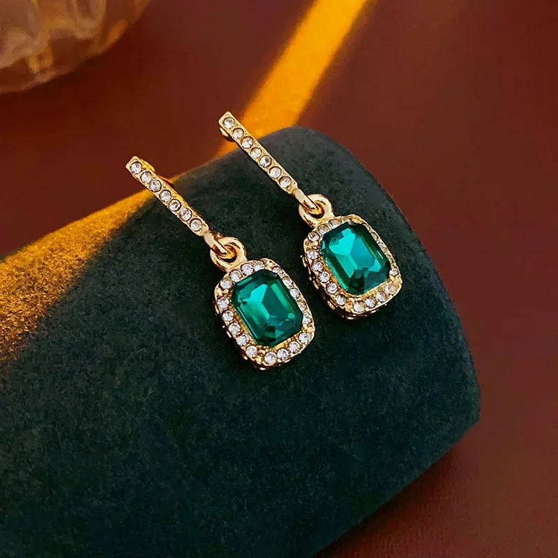 Green Color CZ Crystal Square Dangle Earring for Women Personality Simple Ear Jewelry Wholesale Christmas Gift