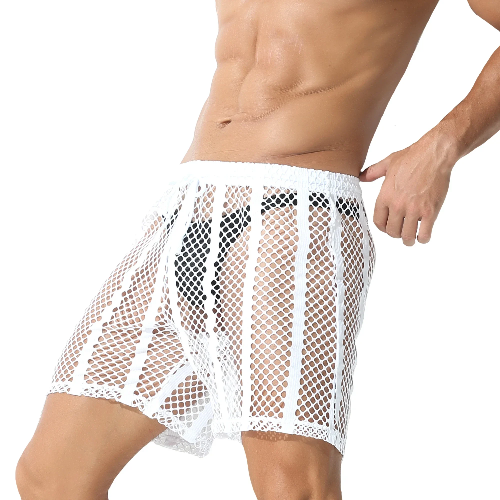 Men's Sexy Sleep Bottoms Mesh Breathable Hollow Out Beach Trunks Leisure Shorts See Through Casual Pajamas Homewear Short Pants