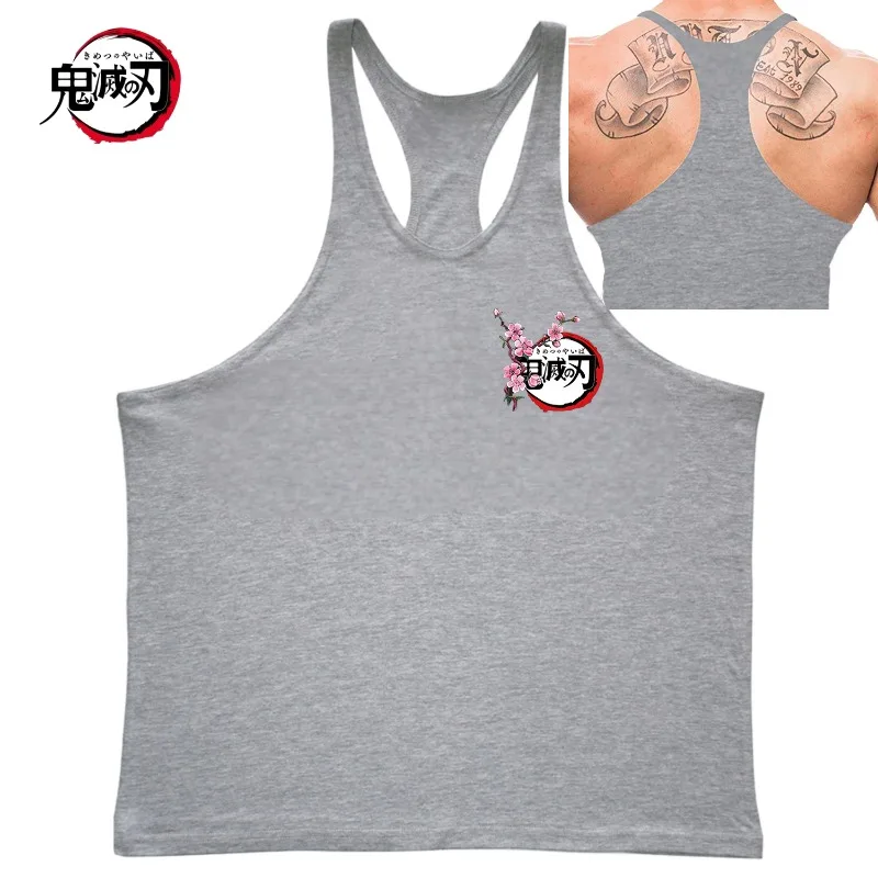 Koszulka bez rękawów Demon Slayer z nadrukiem logo Cherry Blossom - męska kamizelka do kulturystyki, bawełniana i oddychająca, z dekoltem Y-back