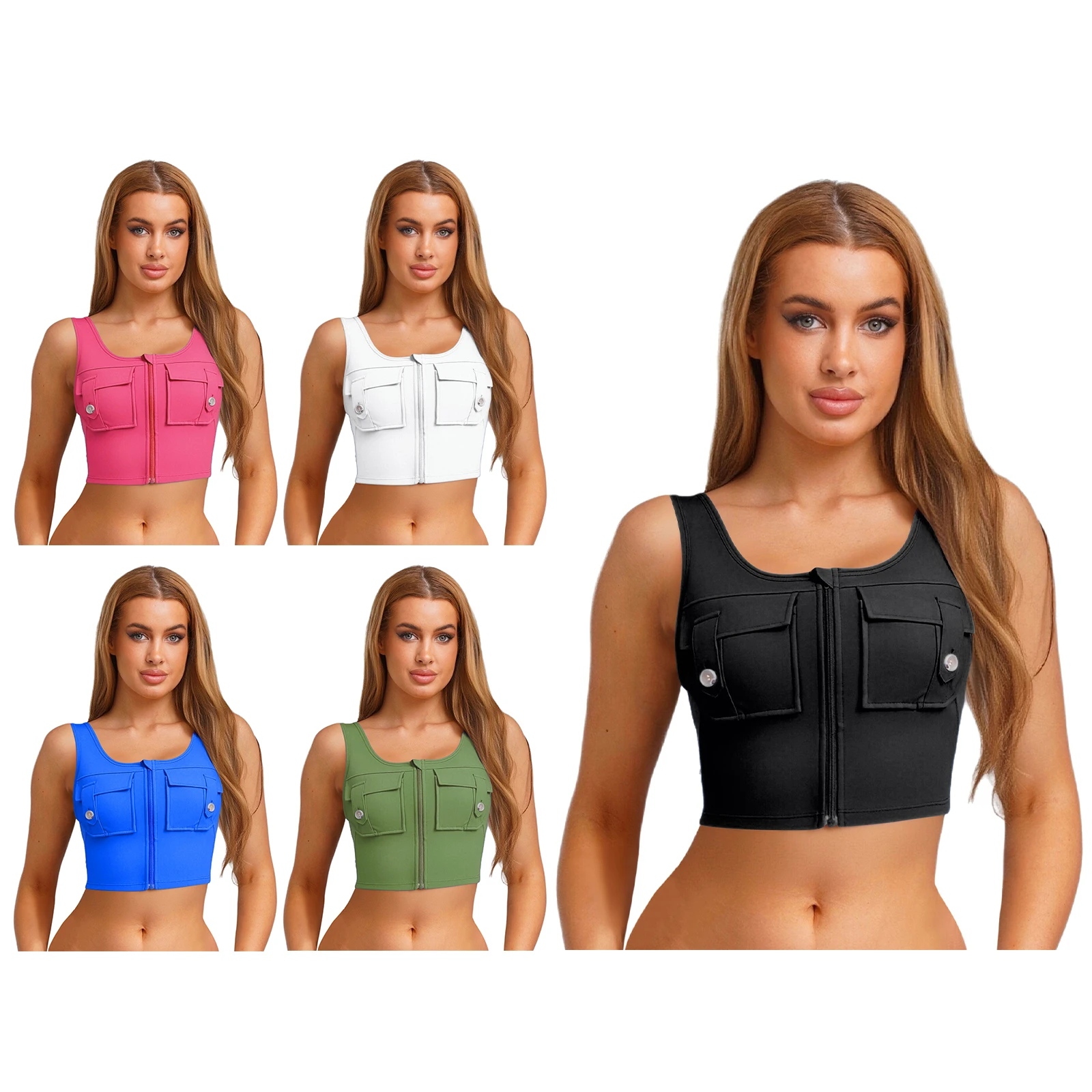 Canottiere sportive da donna per ginnastica, yoga, danza, scollo a U, senza maniche, con cerniera, tasche con patta, gilet sportivo per esercizi fitness