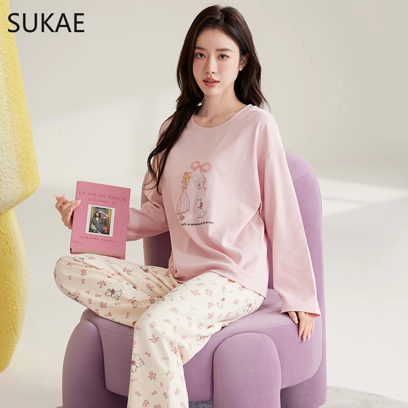 SUKAE Cute Cartoon Loungewear Women Autumn Spring Woman Pajama Set Pullover Long Sleeves Girl Nightwear Homesuit Mujer Sleepwear