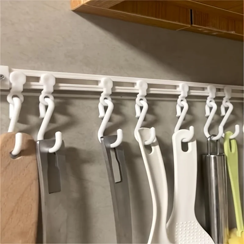 40cm No Drill Kitchen Utensil Rail Hook, Multifunctional Sliding Adhesive Hanging Track with Movable S Hooks, Wall Mount Cabinet