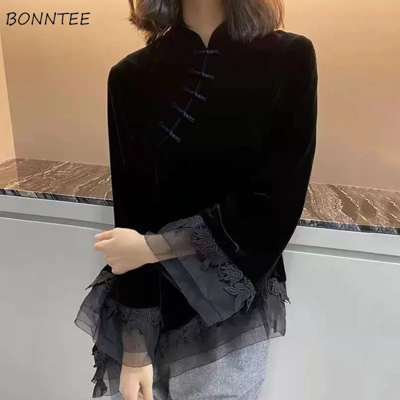 

Новые женские блузки из черного бархата с воротником-стойкой, в классическом китайском стиле, универсальные, элегантные, мягкие, эстетичные