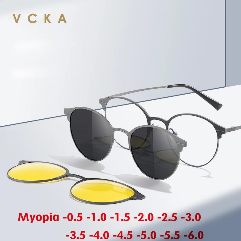 

VCKA 2024 New Polarized Myopia Sunglasses Round Men's Women Magnetic Set Prescription Anti-blue Light Glasses Frame -0.50 to -10