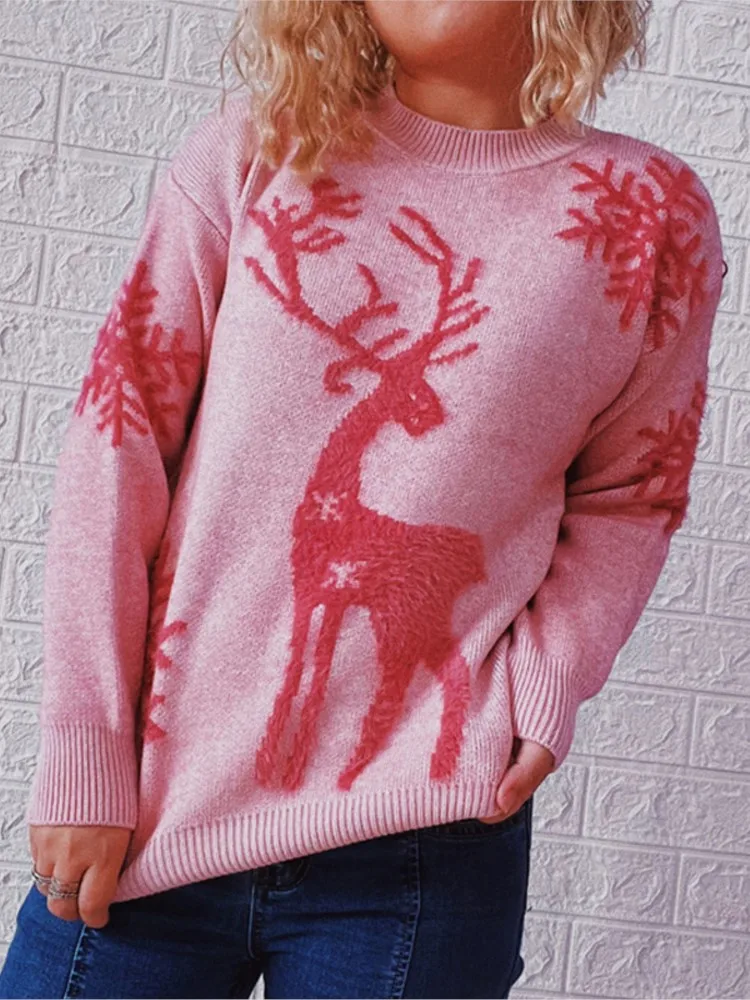 

winter clothes woman pulls femmes round neck long-sleeved Christmas sweater New Year snowflakes deer jacquard knitted pullover