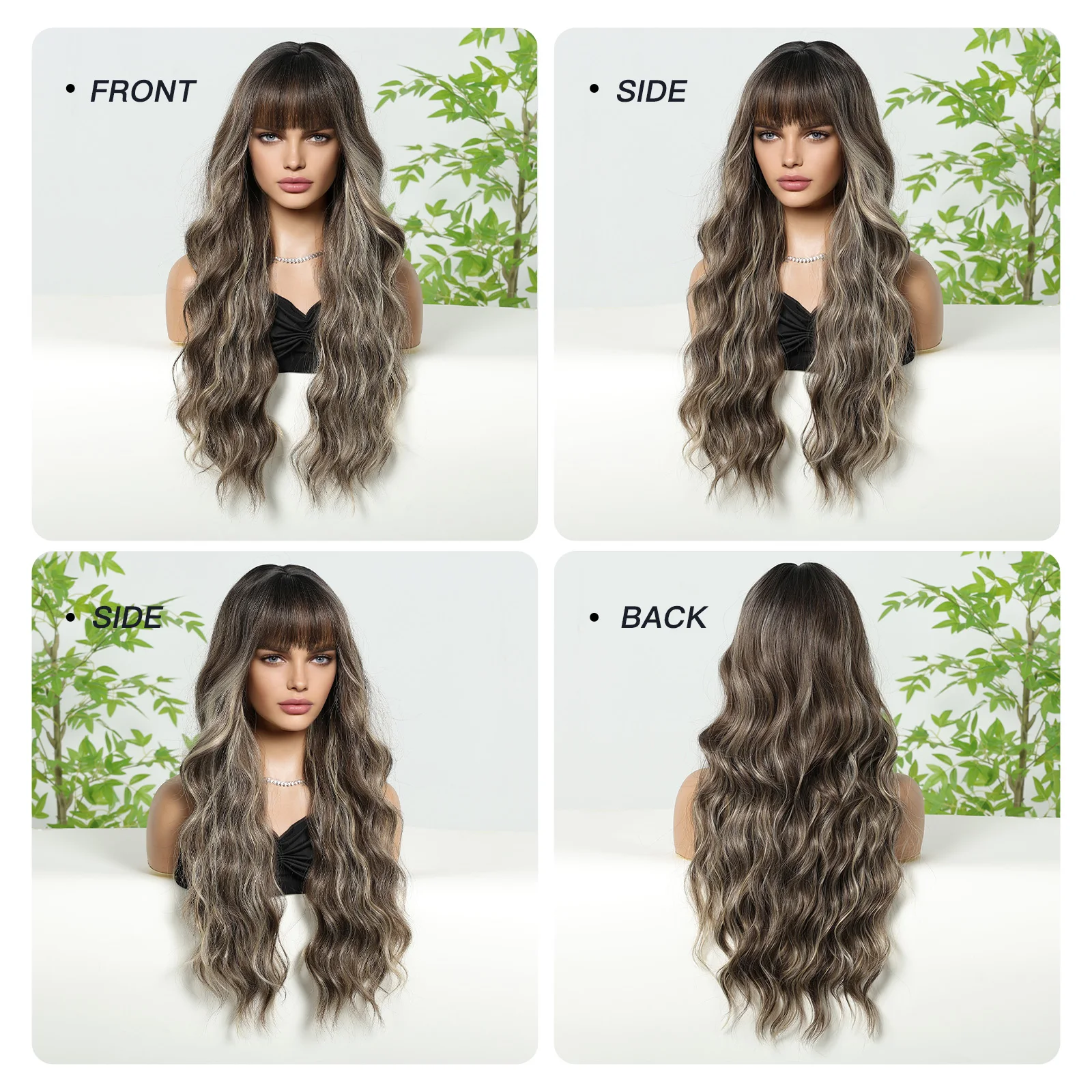 Balayage Brown Long Wave Perruques pour Femmes, Afro Synthétique Corps Ondulé Highlight Perruque avec Frange pour 03/Cosplay Chaleur Degré