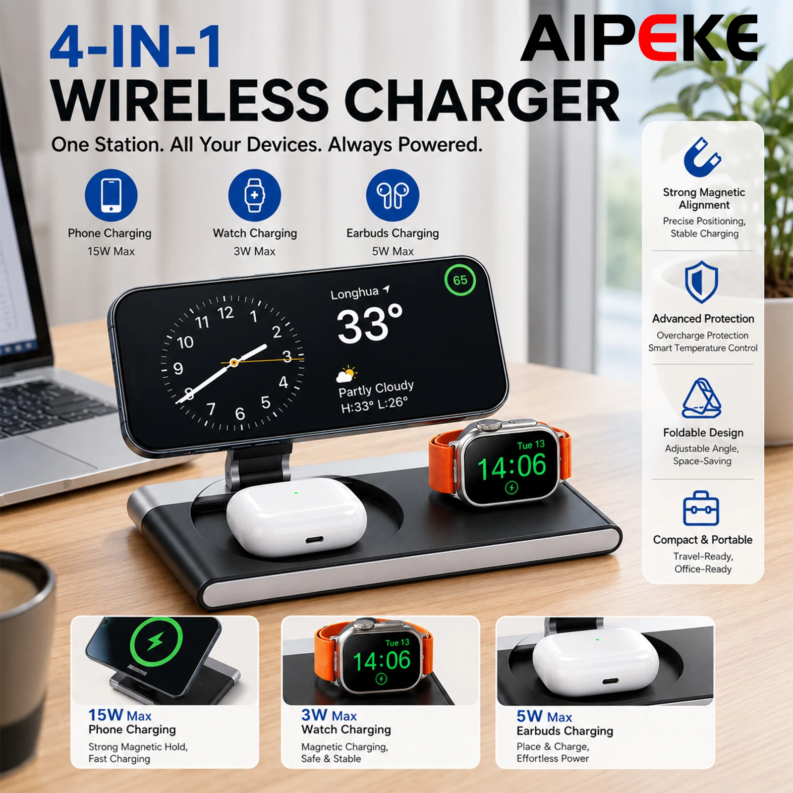 aipeke-4-in-1-magsafe-ワイヤレス充電器-折りたたみ式急速充電スタンド-磁気式-iphone-17-16-15-スマートウォッチ-10-9-airpods-pro対応