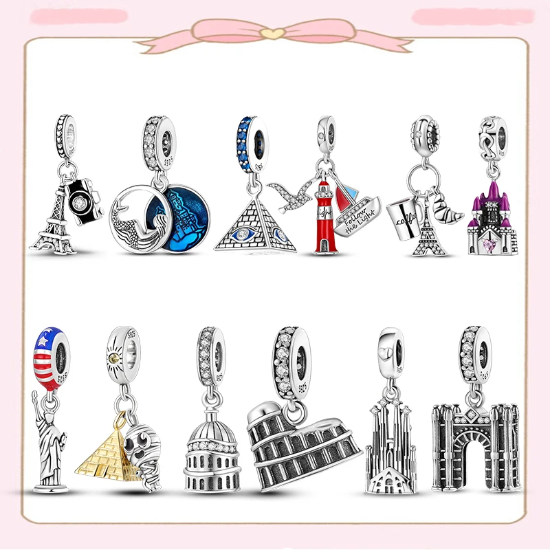 

925 Sterling Silver Castle Pyramid Steamship Bead Iron Tower Charm plata de ley 925 For Original Pendant Bracelet Women Jewelry