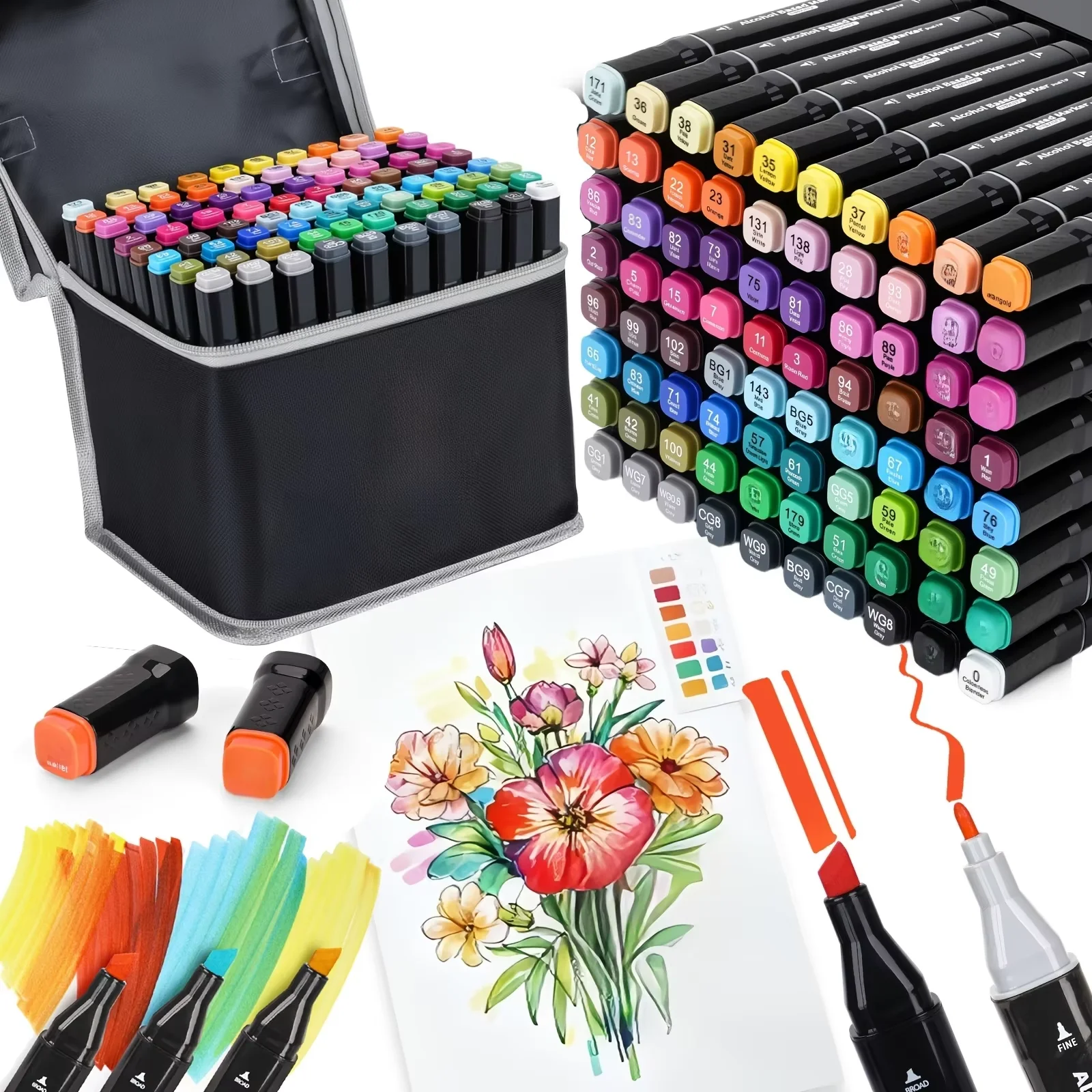 80‑Color Art Alcohol Marker Pen Set, Dual Tip Fine & Chisel Tips, for Adult Coloring Books, Colored Markers