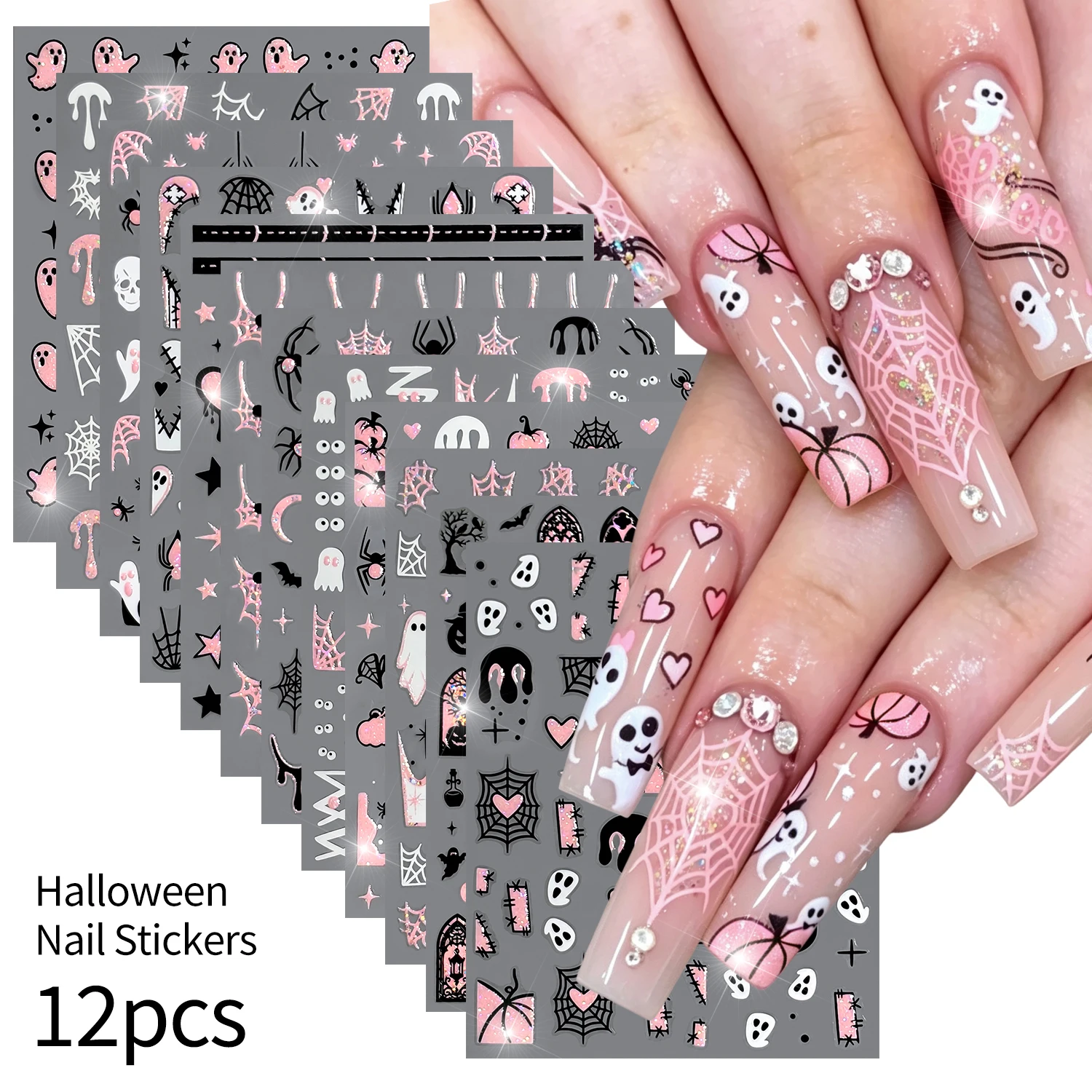 12 Stück Gruselige Halloween-Nagelaufkleber Rosa Schwarz Niedliche Geister- und Spinnennetz-Skelett-Nagelsticker für Halloween-Cosplay-Party und Tägliche Maniküre