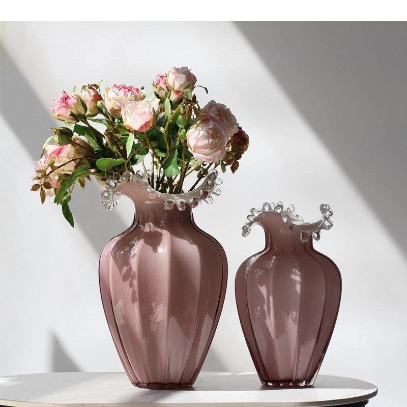 Wave Shape Bottle Mouth Glass Vase Decorative Flowers Arrangement Desk Decoration Pink Ripple Flower Pots Hydroponics Vases