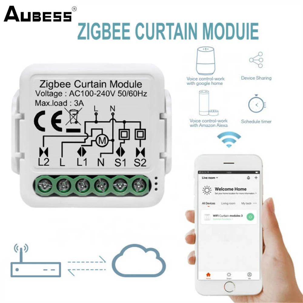 

Умный выключатель для штор Aubess Tuya Zigbee, двухсторонний модуль для выключателя штор, с голосовым управлением, работает с Alexa Google Home