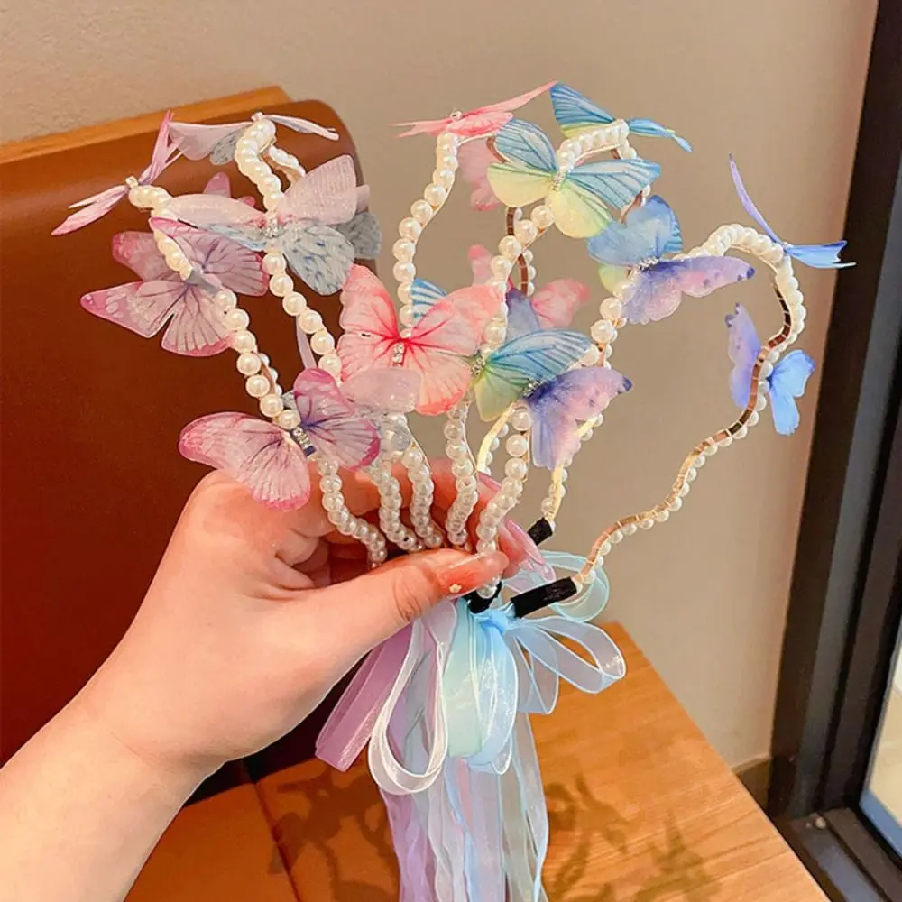 Fashion Styling Pearl Butterfly Headband Sweet Elegant Ribbon Hairband Hair Hoop Girls Hair Accessories
