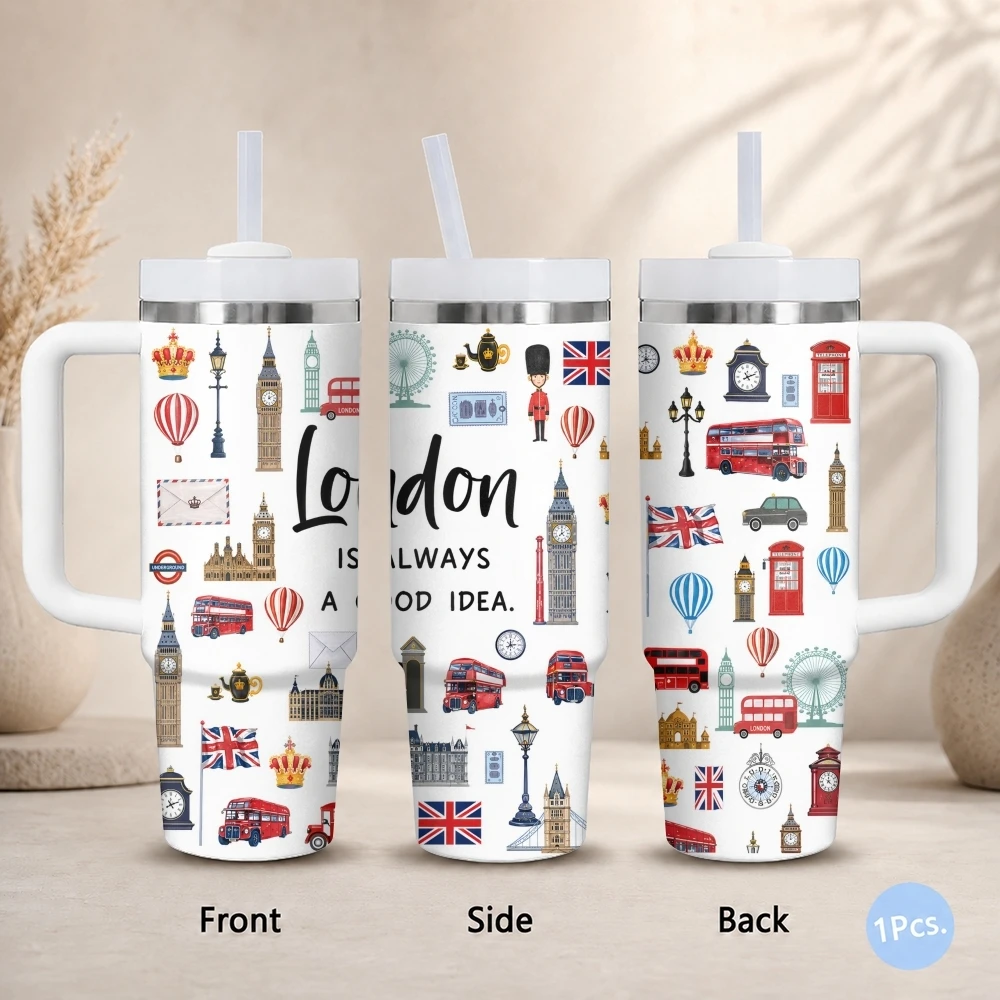 

Fun City Travel Patterns Vacuum Flasks 40oz Stainless Steel Insulated Tumbler with Handle Straw Lid Leakproof Travel Mug