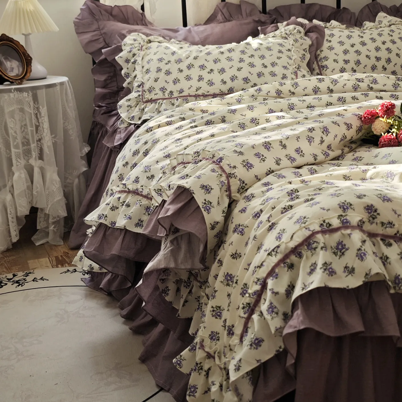 Fashion Floral Cotton Bedding Set, Lace Ruffle Bed King Duvet Cover Set,European Country Design Pillow Cover with Bed Skirt