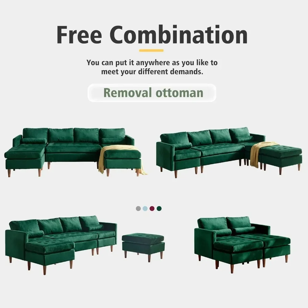 Modular Sectional Sofa, Velvet U Shaped Couch, Modular Sectional with Reversible Ottomans for Living Room